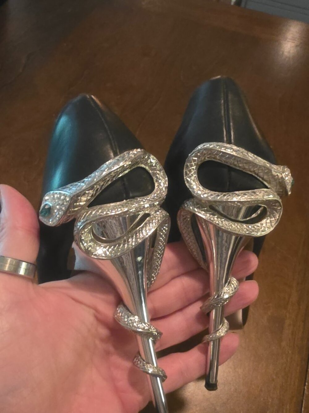 Scene Black Snake‑Heel Stilettos Sculpted Serpent Metal Heels Ultra‑Rare S 9